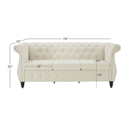 Canapé Chesterfield 3 places en lin beige de 78,7 po avec accoudoirs roulés, capitonnage à boutons et garniture cloutée