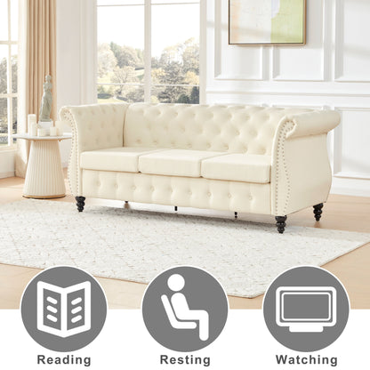 Canapé Chesterfield 3 places beige en lin de 78,7 po avec accoudoirs roulés, capitonnage à boutons, garniture cloutée et pieds en bois