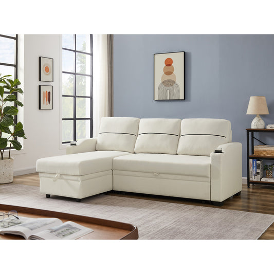 Canapé 3 places beige de 81,9 pouces avec méridienne, rangement et design facile à déplacer avec pieds en plastique et roulettes en caoutchouc