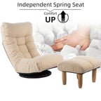 Fauteuil inclinable manuel pivotant à 360°, rembourré en tissu boucle beige, sans accoudoirs, avec pouf, appui-tête et dossier réglables