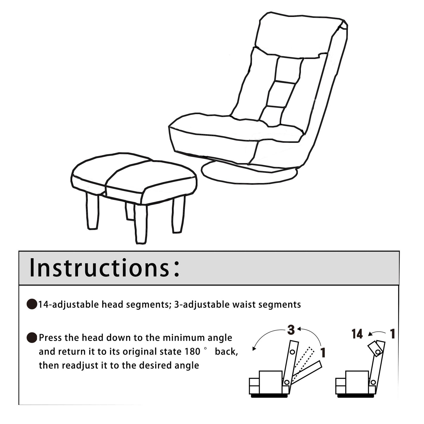 Fauteuil inclinable manuel pivotant à 360°, rembourré en tissu boucle beige, sans accoudoirs, avec pouf, appui-tête et dossier réglables