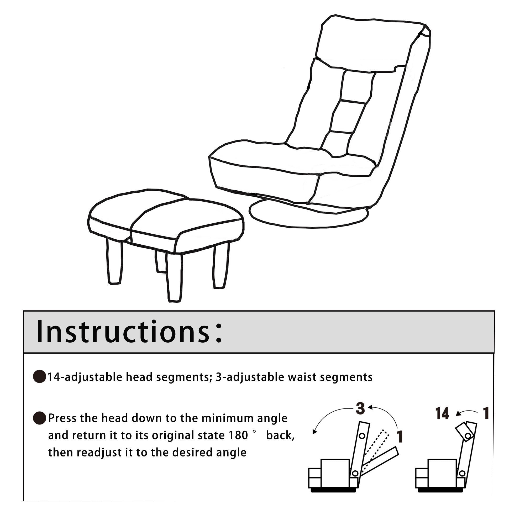 Fauteuil inclinable manuel pivotant à 360°, rembourré en tissu boucle beige, sans accoudoirs, avec pouf, appui-tête et dossier réglables