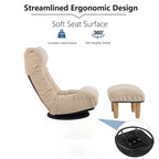 Fauteuil inclinable manuel pivotant à 360°, rembourré en tissu boucle beige, sans accoudoirs, avec pouf, appui-tête et dossier réglables