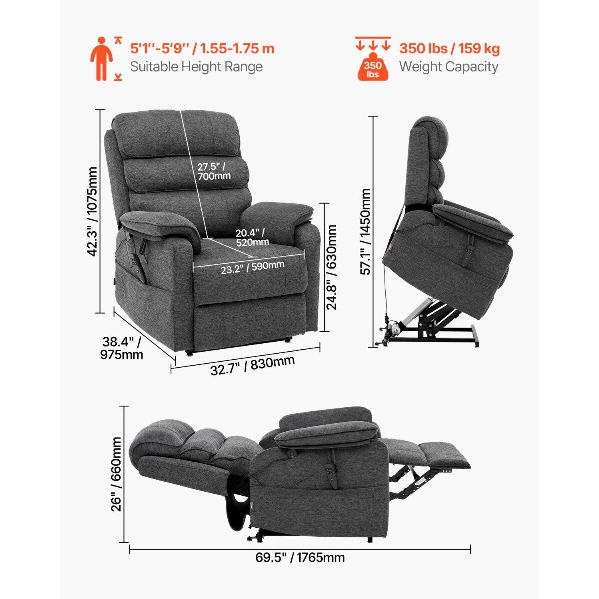 Fauteuil releveur à deux moteurs en chenille beige, massant, chauffant et inclinable