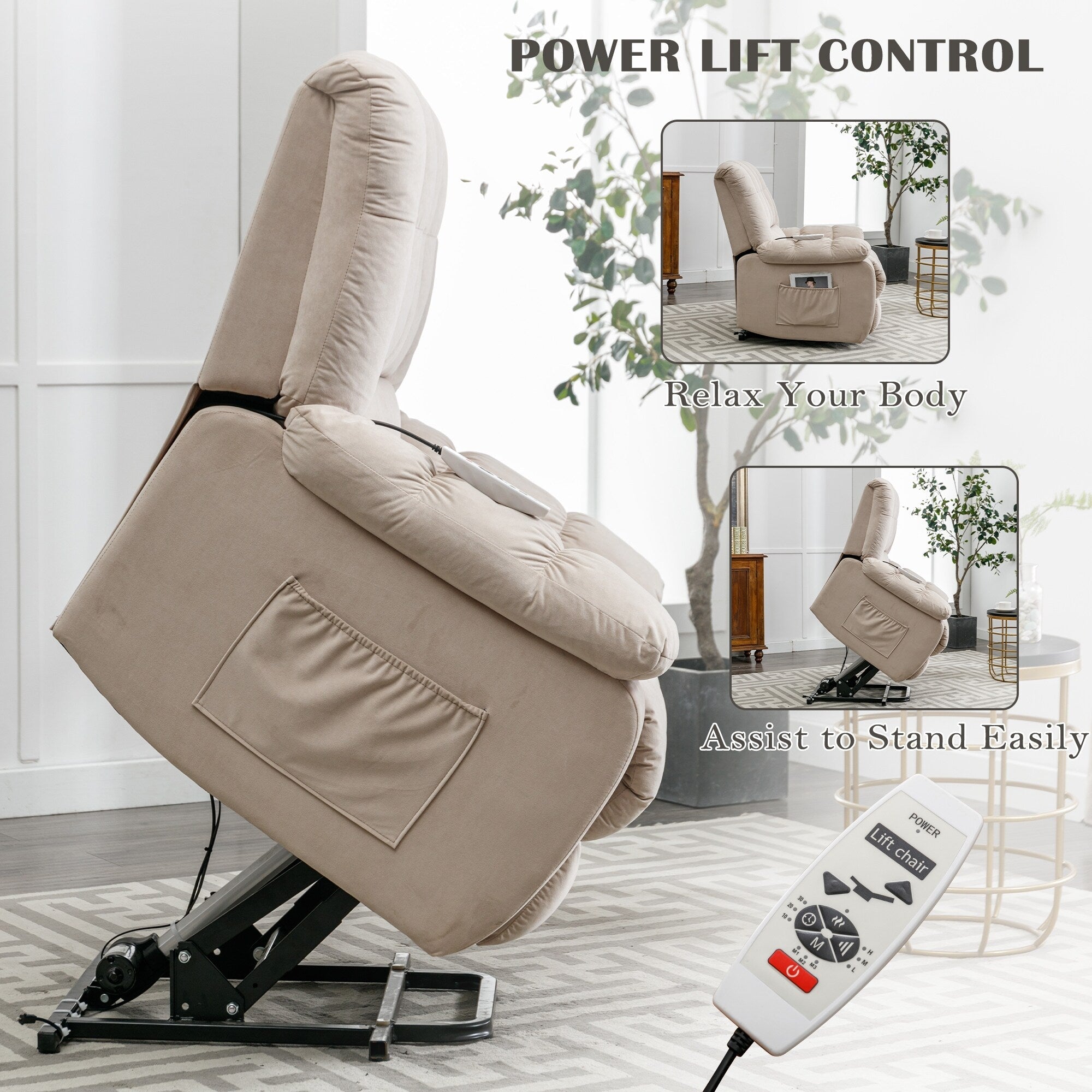 Fauteuil inclinable électrique beige avec chauffage, massage et rangement latéral pour salon ou chambre