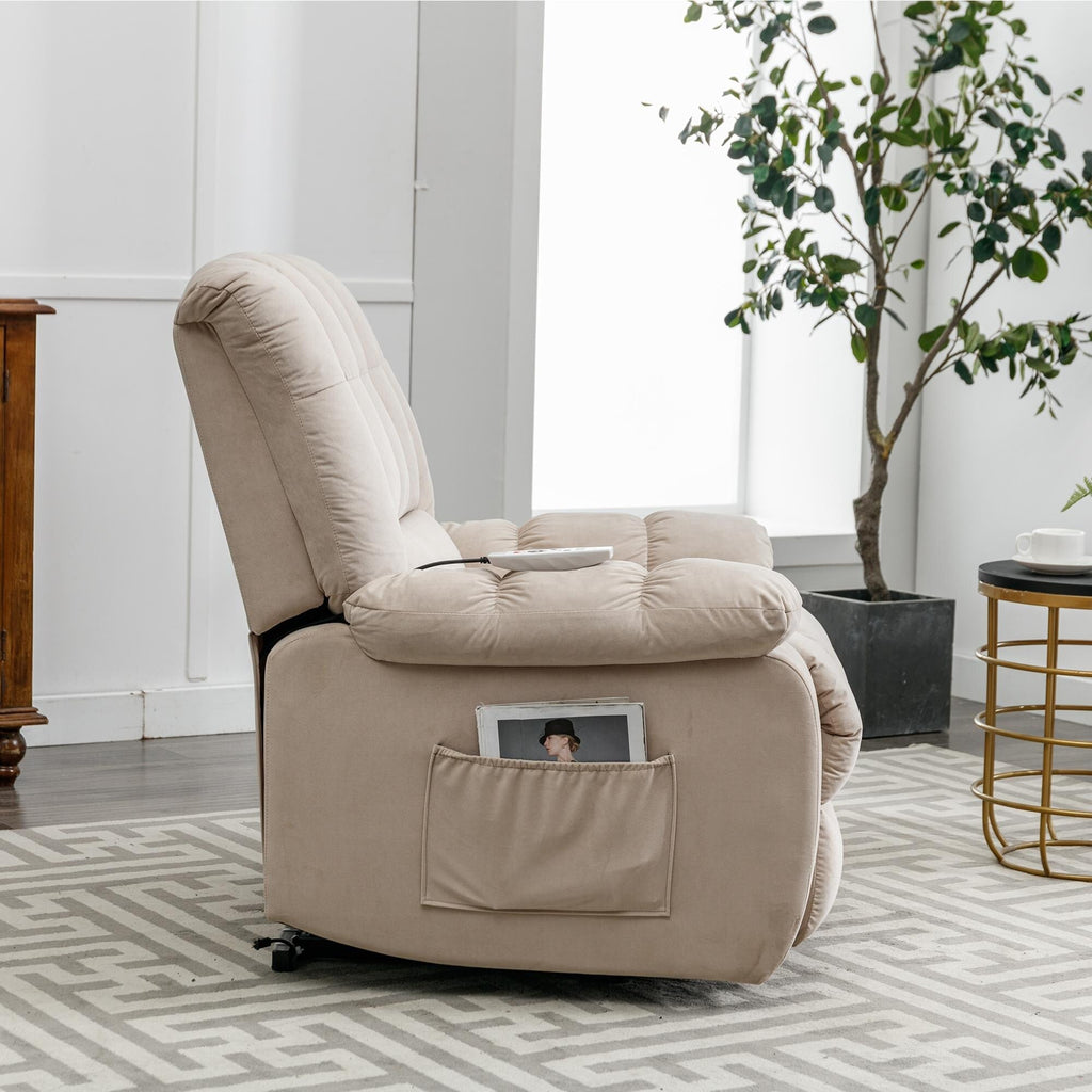Fauteuil inclinable électrique beige avec chauffage, massage et poche de rangement pour le salon ou la chambre