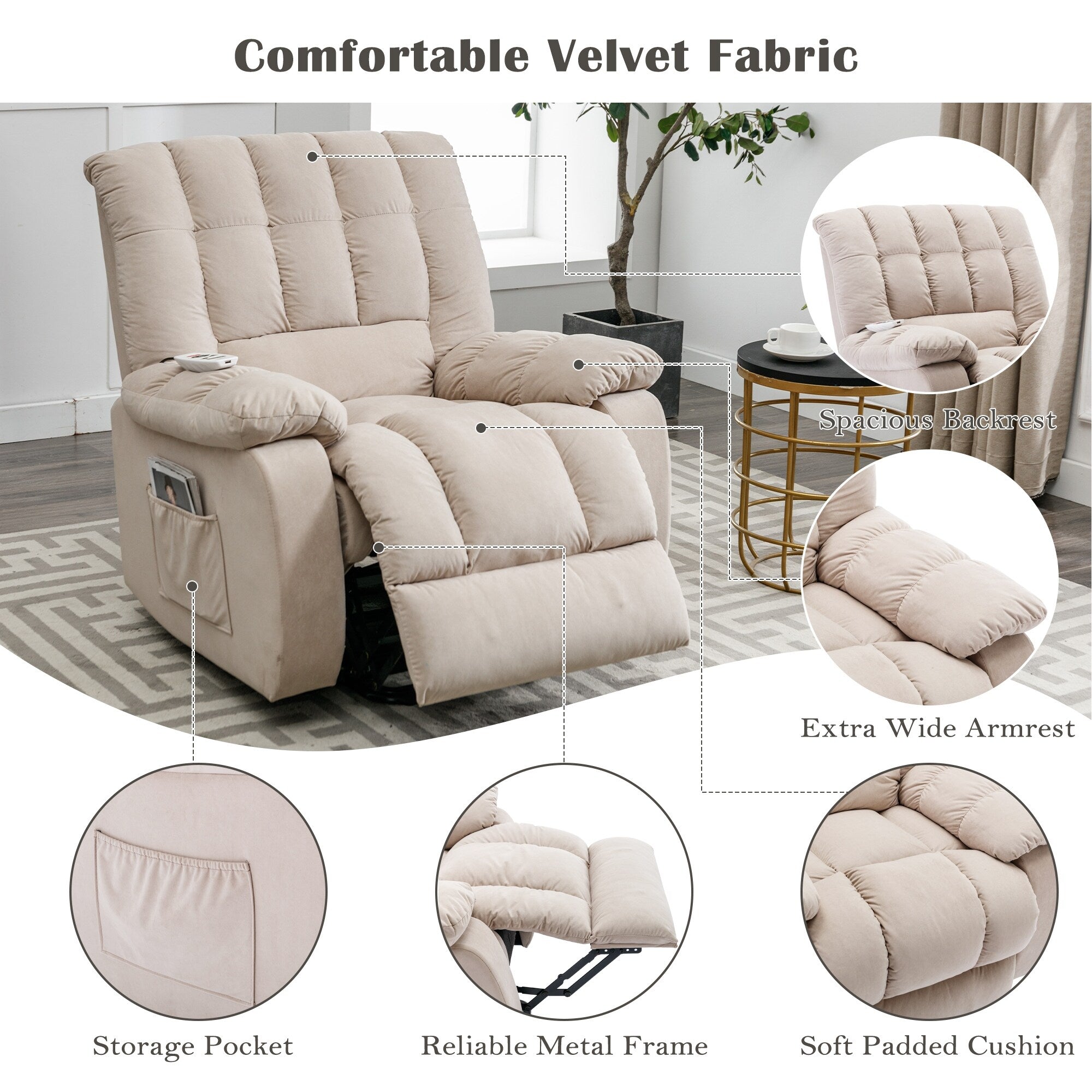 Fauteuil inclinable électrique beige avec chauffage, massage et poche de rangement pour le salon ou la chambre