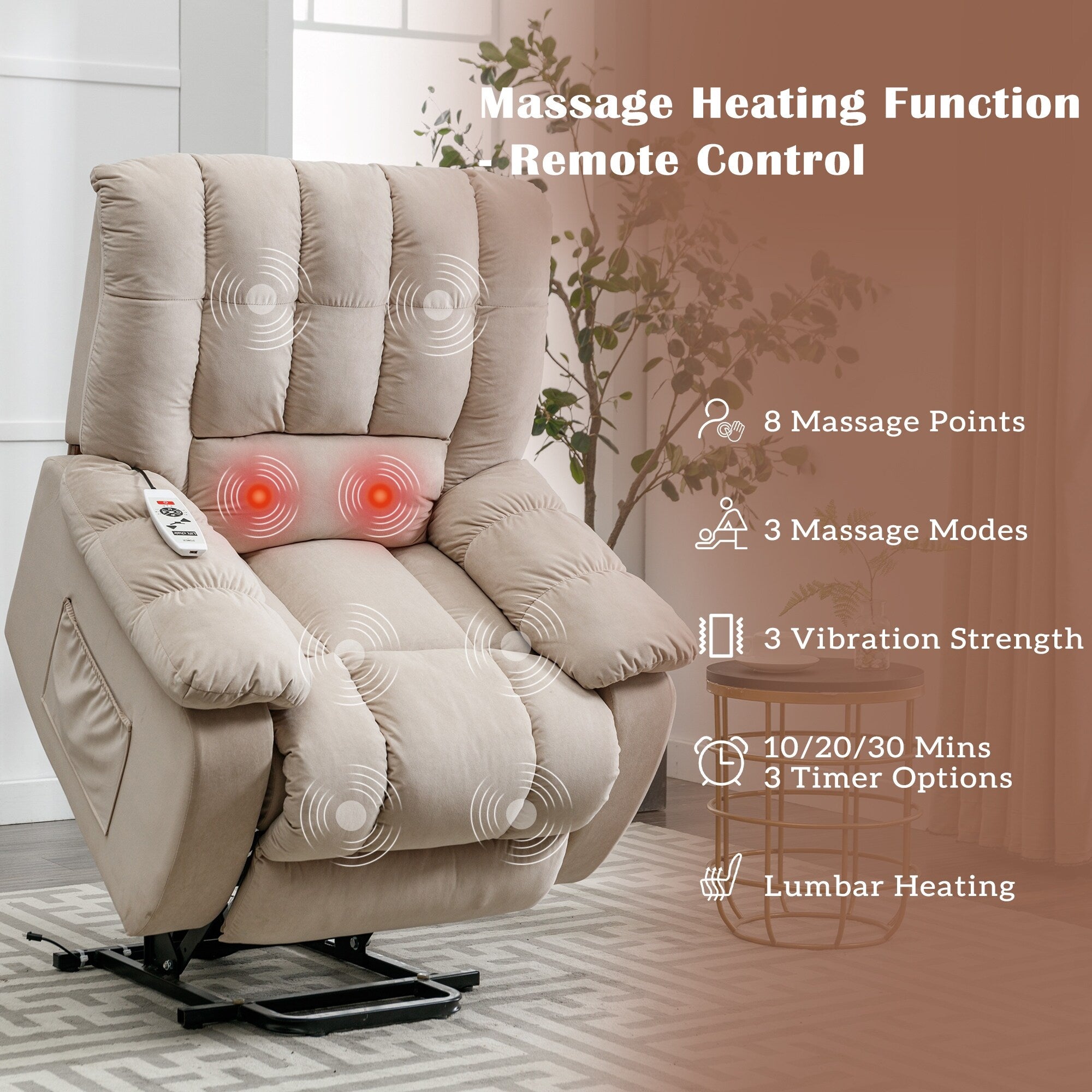 Fauteuil inclinable électrique beige avec chauffage, massage et poche de rangement pour le salon ou la chambre