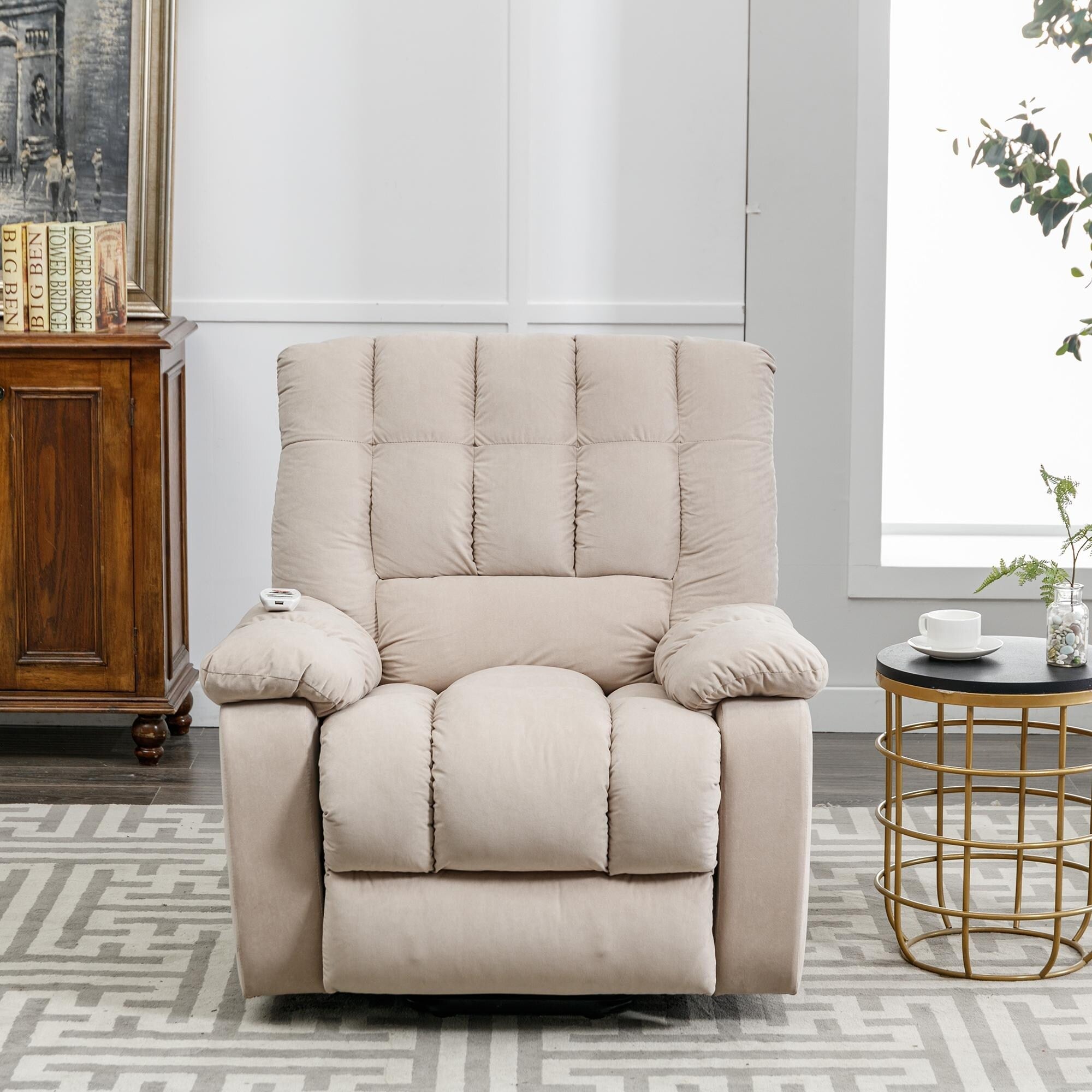 Fauteuil inclinable électrique beige avec chauffage, massage et poche de rangement pour le salon ou la chambre