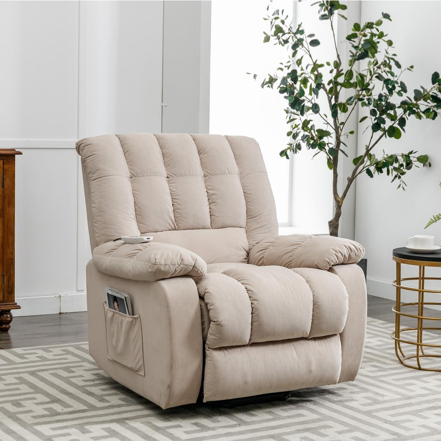 Fauteuil inclinable électrique beige avec chauffage, massage et poche de rangement pour le salon ou la chambre