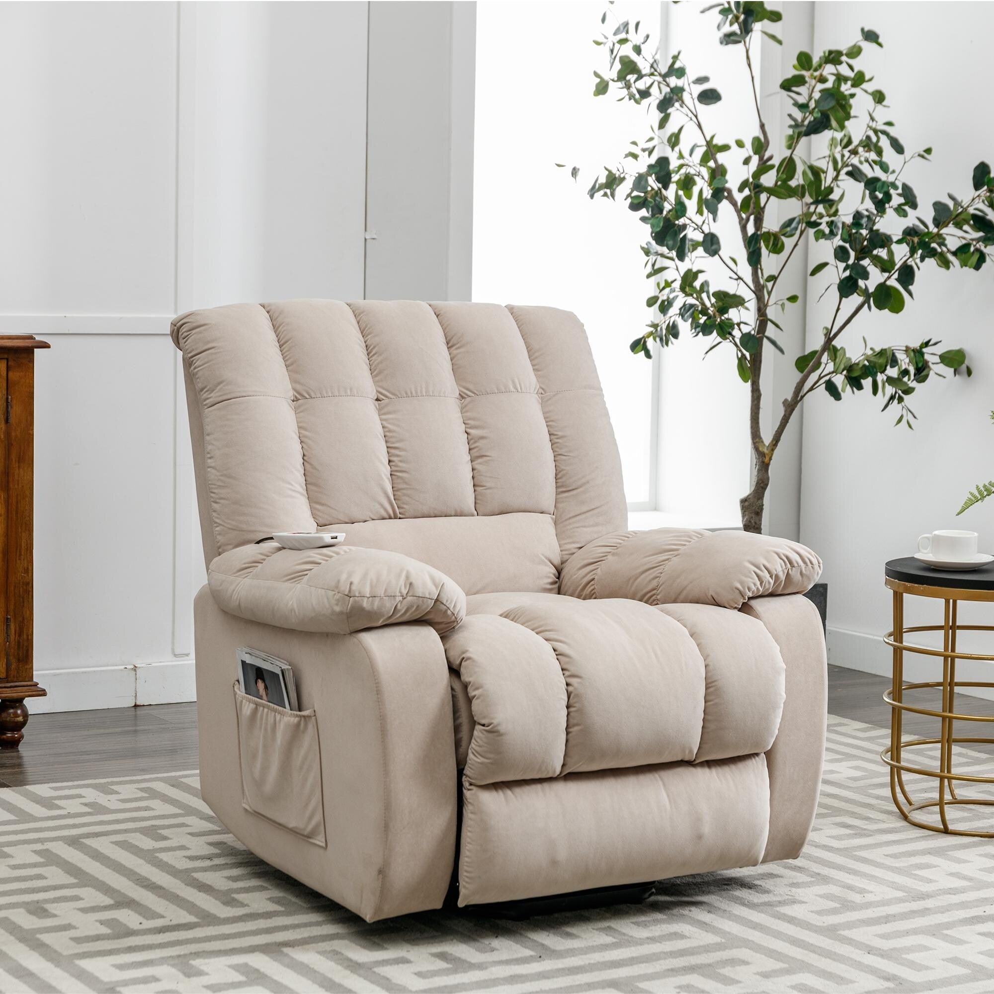 Fauteuil inclinable électrique beige avec chauffage, massage et poche de rangement pour le salon ou la chambre
