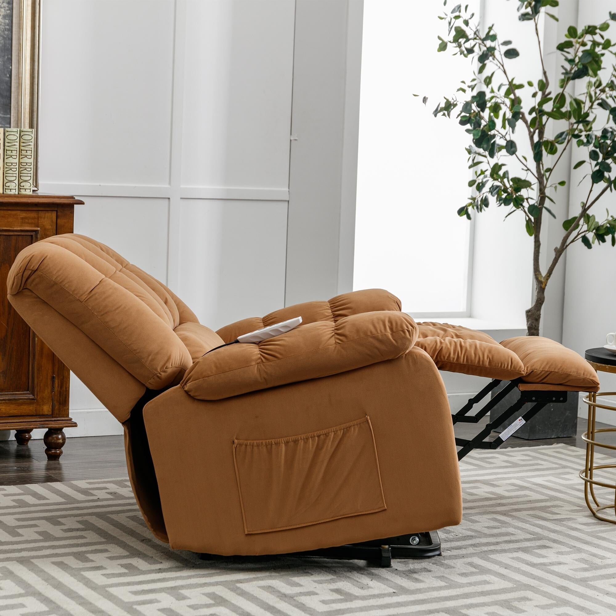 Fauteuil inclinable électrique beige avec chauffage, massage et poche de rangement pour le salon ou la chambre