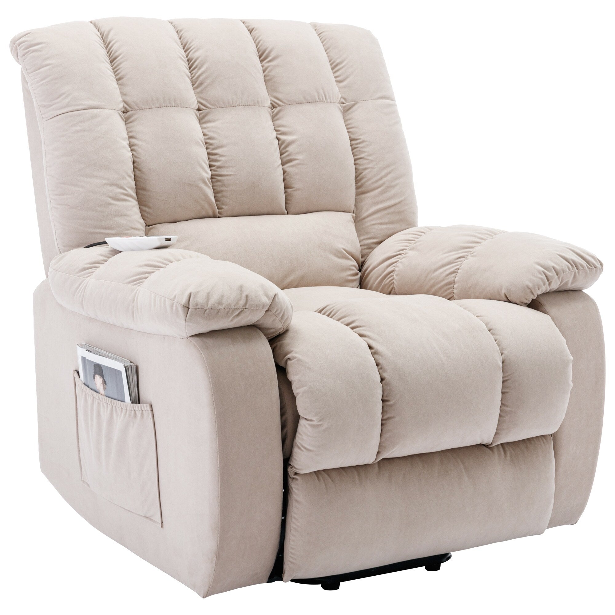 Fauteuil inclinable électrique beige avec chauffage, massage et poche de rangement pour le salon ou la chambre