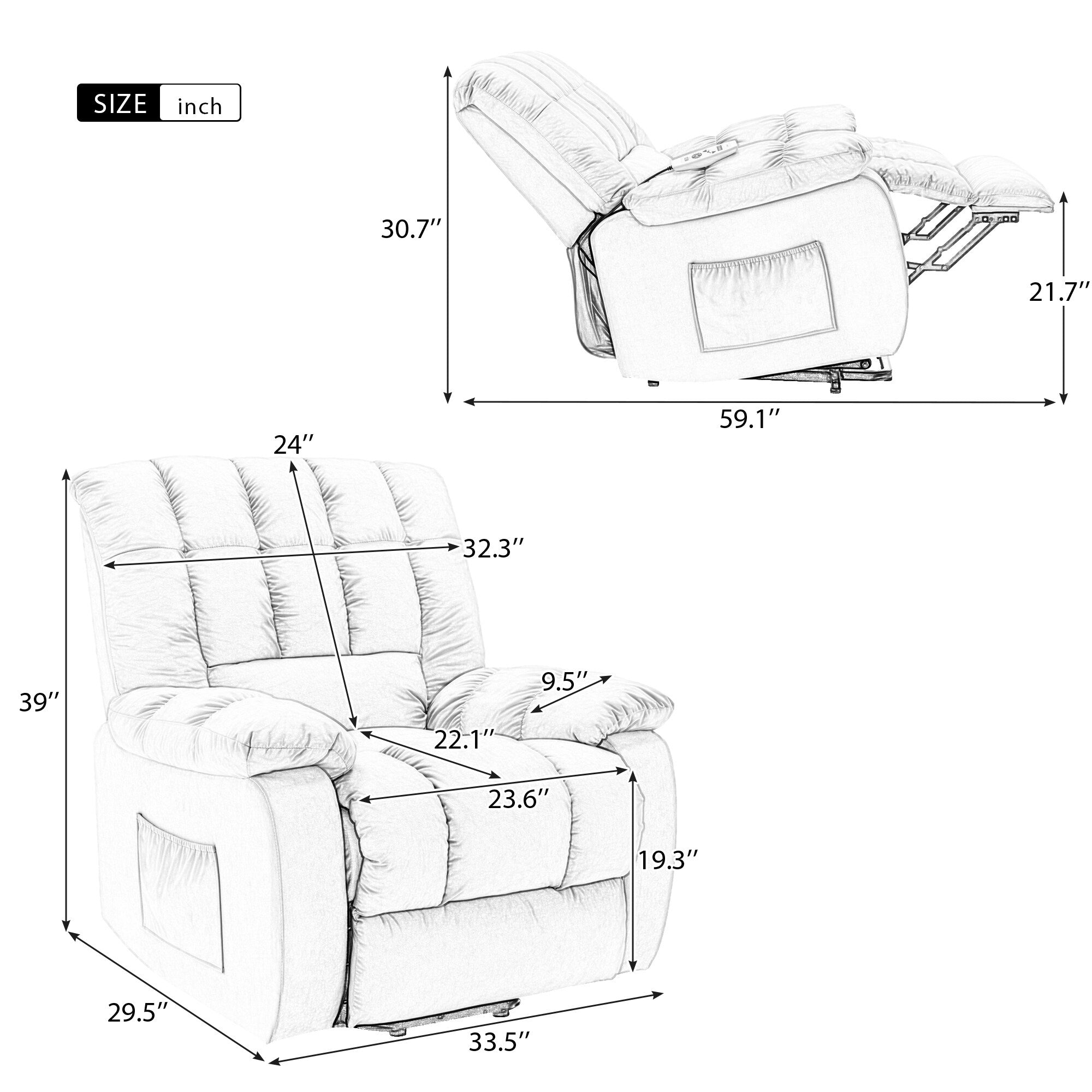 Fauteuil inclinable électrique beige avec chauffage, massage et poche de rangement pour le salon ou la chambre