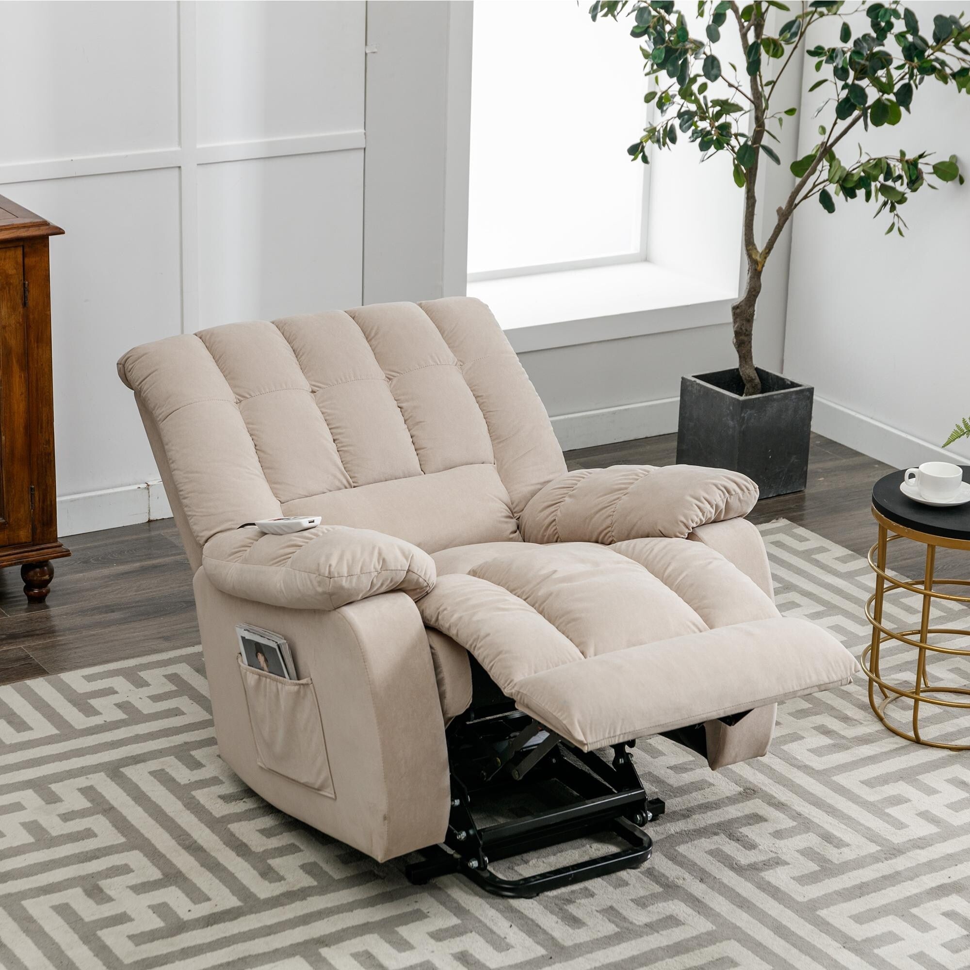 Fauteuil inclinable électrique beige avec chauffage, massage et poche de rangement pour le salon ou la chambre