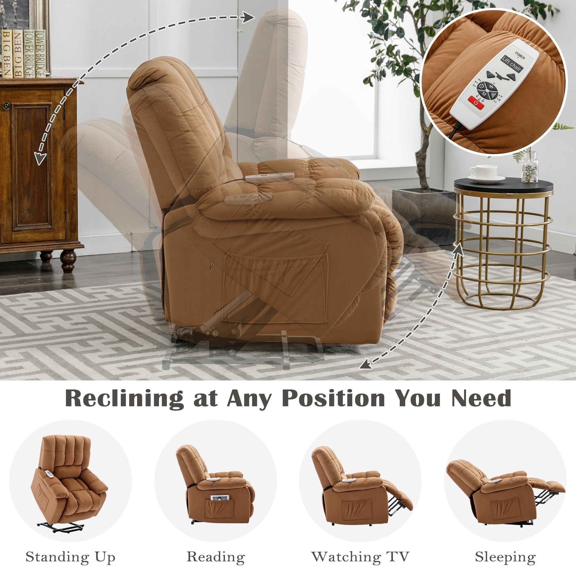 Fauteuil inclinable électrique beige avec chauffage, massage et poche de rangement pour le salon ou la chambre