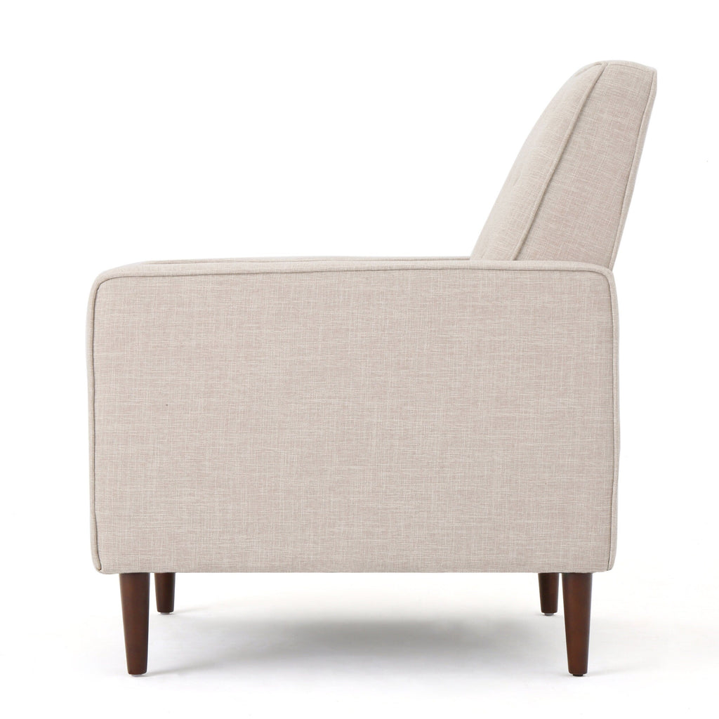 Fauteuil inclinable rembourré en tissu beige de style milieu du siècle avec repose-pieds, dossier capitonné et pieds en hêtre
