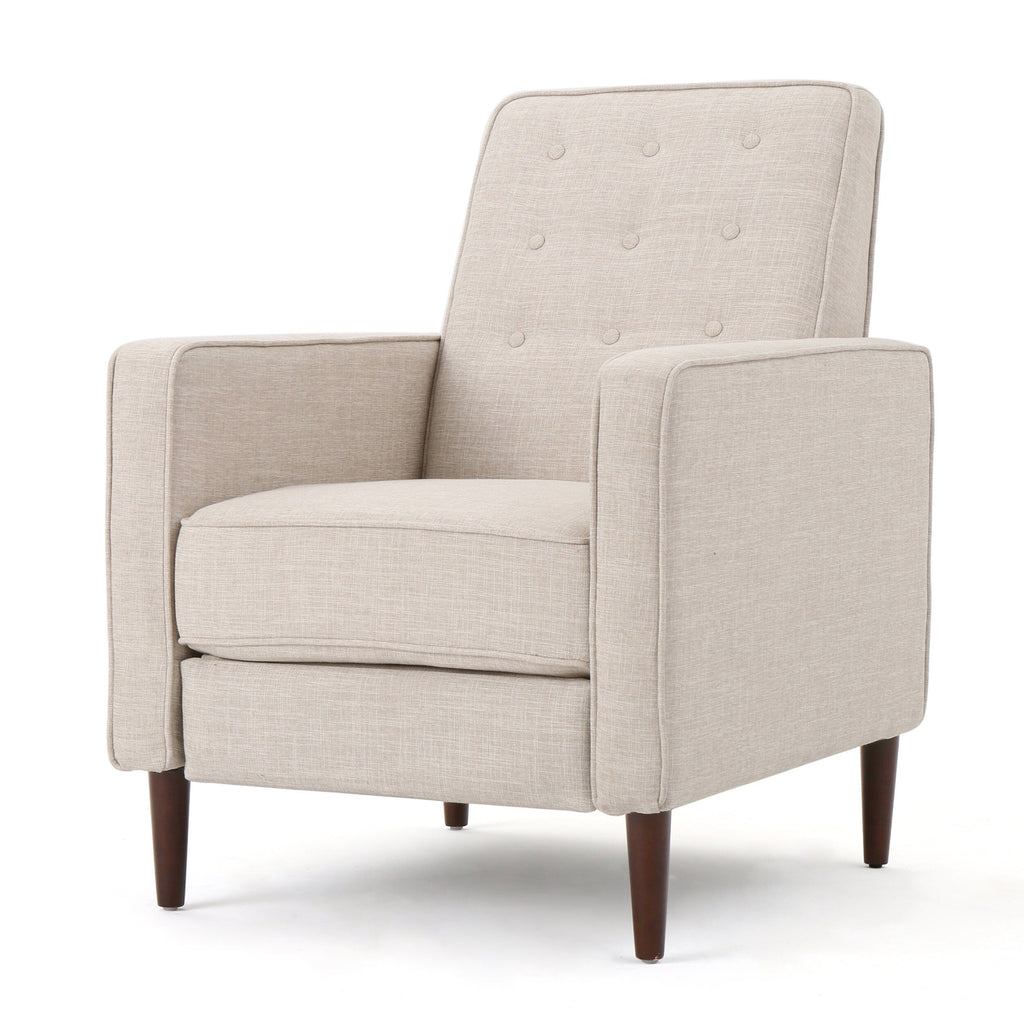 Fauteuil inclinable rembourré en tissu beige de style milieu du siècle avec repose-pieds, dossier capitonné et pieds en hêtre