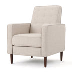 Fauteuil inclinable rembourré en tissu beige de style milieu du siècle avec repose-pieds, dossier capitonné et pieds en hêtre