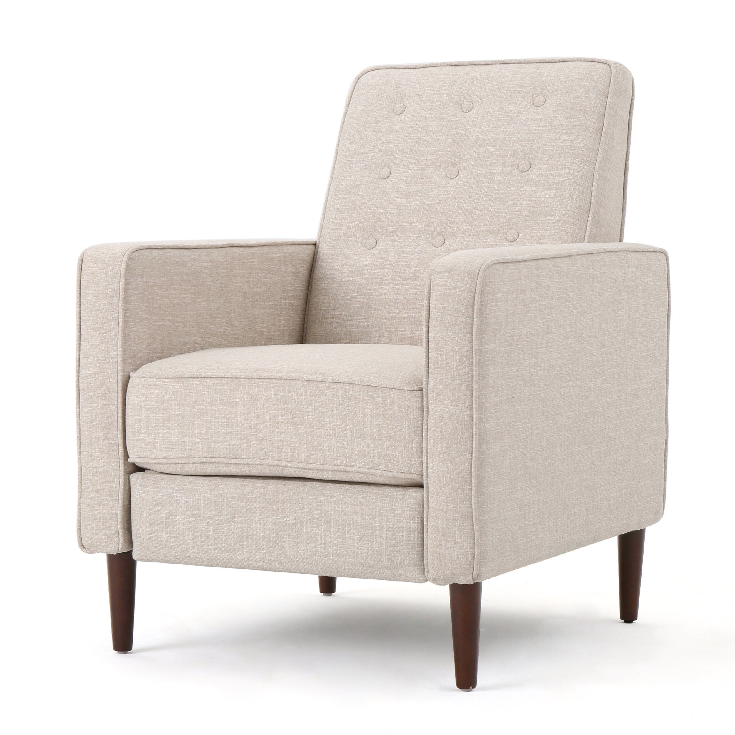 Fauteuil inclinable rembourré en tissu beige de style milieu du siècle avec repose-pieds, dossier capitonné et pieds en hêtre