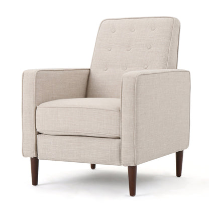 Fauteuil inclinable rembourré en tissu beige de style milieu du siècle avec repose-pieds, dossier capitonné et pieds en hêtre