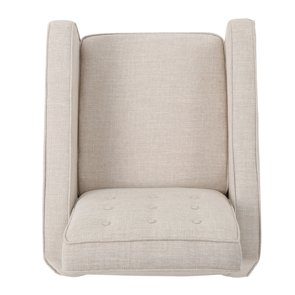 Fauteuil inclinable rembourré en tissu beige de style milieu du siècle avec repose-pieds, dossier capitonné et pieds en hêtre