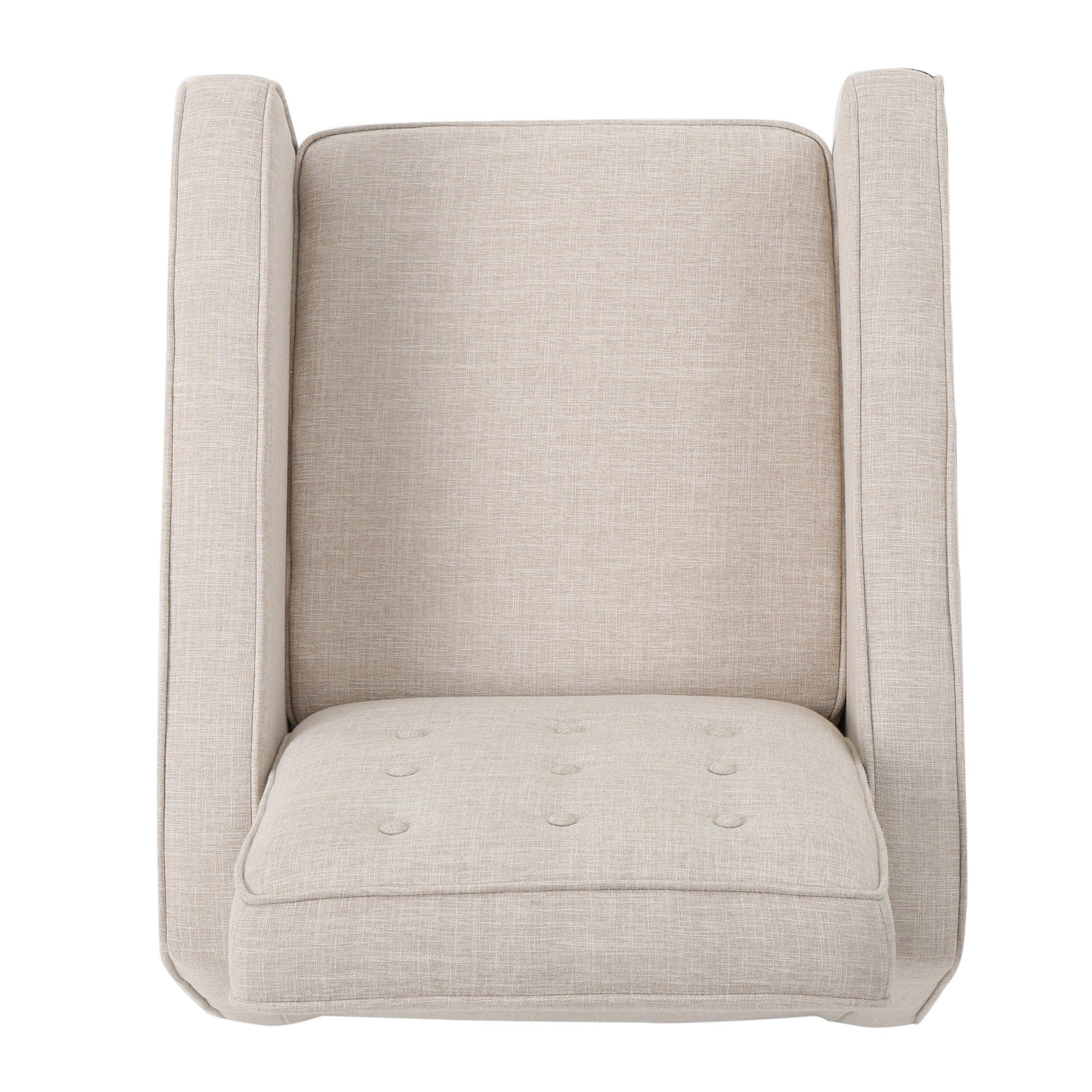 Fauteuil inclinable rembourré en tissu beige de style milieu du siècle avec repose-pieds, dossier capitonné et pieds en hêtre
