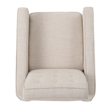 Fauteuil inclinable rembourré en tissu beige de style milieu du siècle avec repose-pieds, dossier capitonné et pieds en hêtre