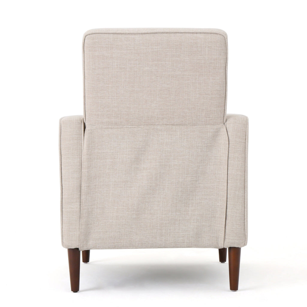 Fauteuil inclinable rembourré en tissu beige de style milieu du siècle avec repose-pieds, dossier capitonné et pieds en hêtre