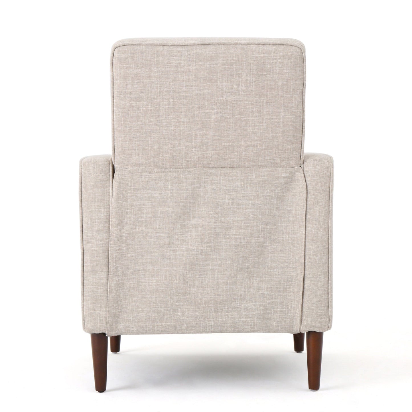Fauteuil inclinable rembourré en tissu beige de style milieu du siècle avec repose-pieds, dossier capitonné et pieds en hêtre