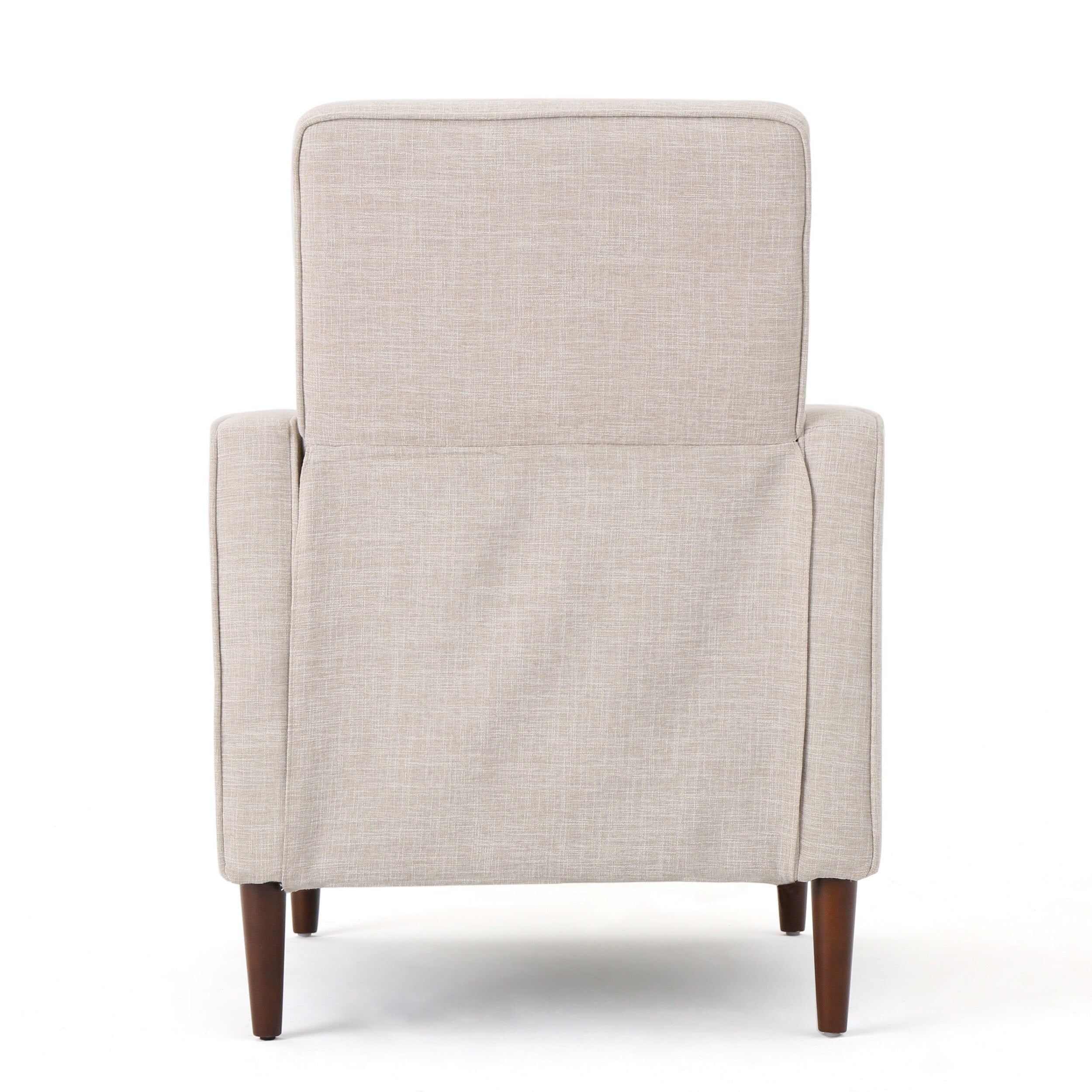 Fauteuil inclinable rembourré en tissu beige de style milieu du siècle avec repose-pieds, dossier capitonné et pieds en hêtre
