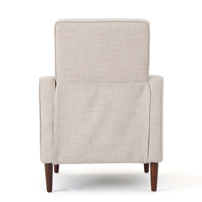 Fauteuil inclinable rembourré en tissu beige de style milieu du siècle avec repose-pieds, dossier capitonné et pieds en hêtre