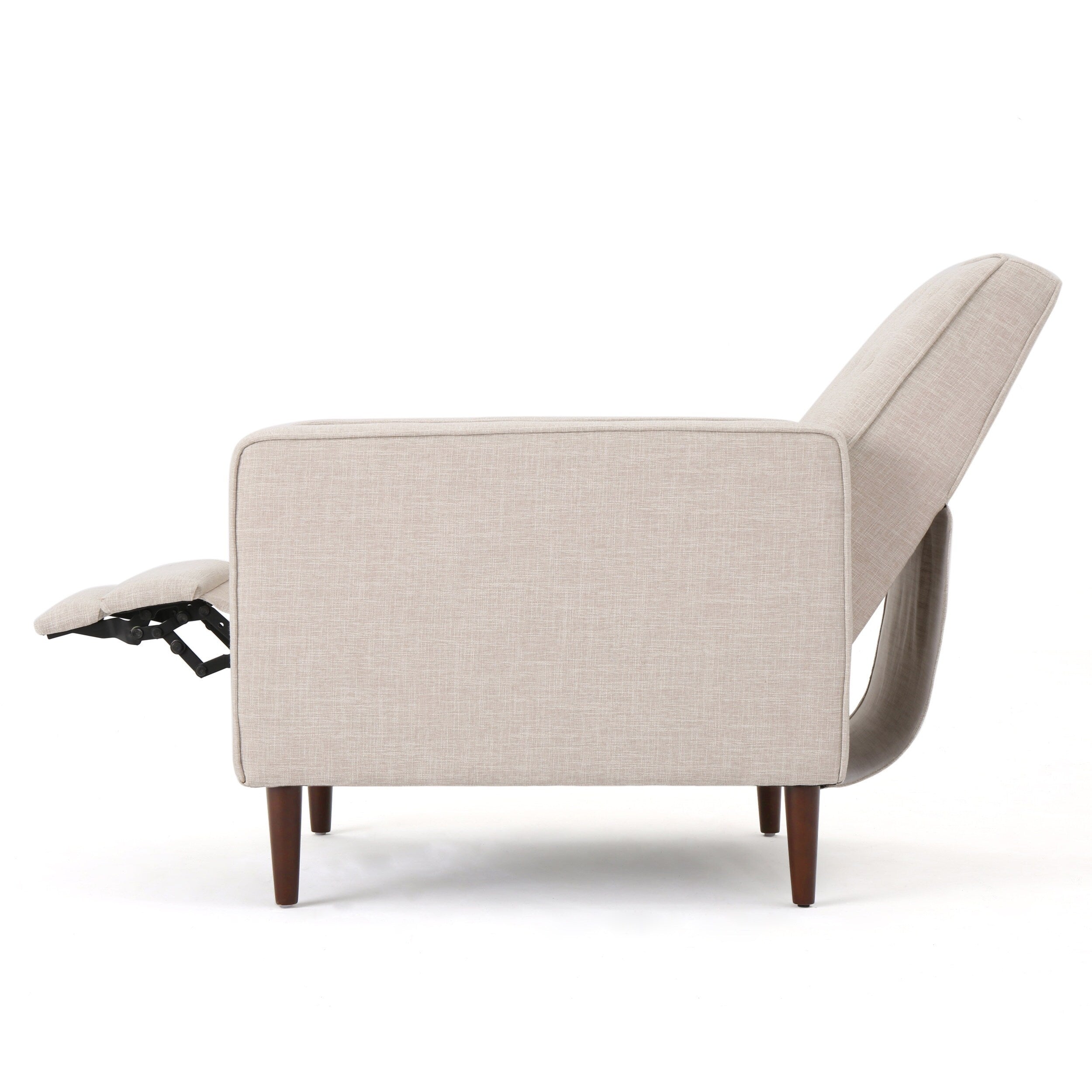 Fauteuil inclinable rembourré en tissu beige de style milieu du siècle avec repose-pieds, dossier capitonné et pieds en hêtre