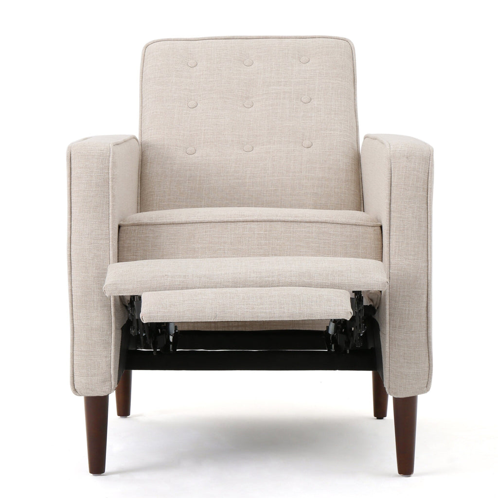 Fauteuil inclinable rembourré en tissu beige de style milieu du siècle avec repose-pieds, dossier capitonné et pieds en hêtre