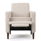 Fauteuil inclinable rembourré en tissu beige de style milieu du siècle avec repose-pieds, dossier capitonné et pieds en hêtre