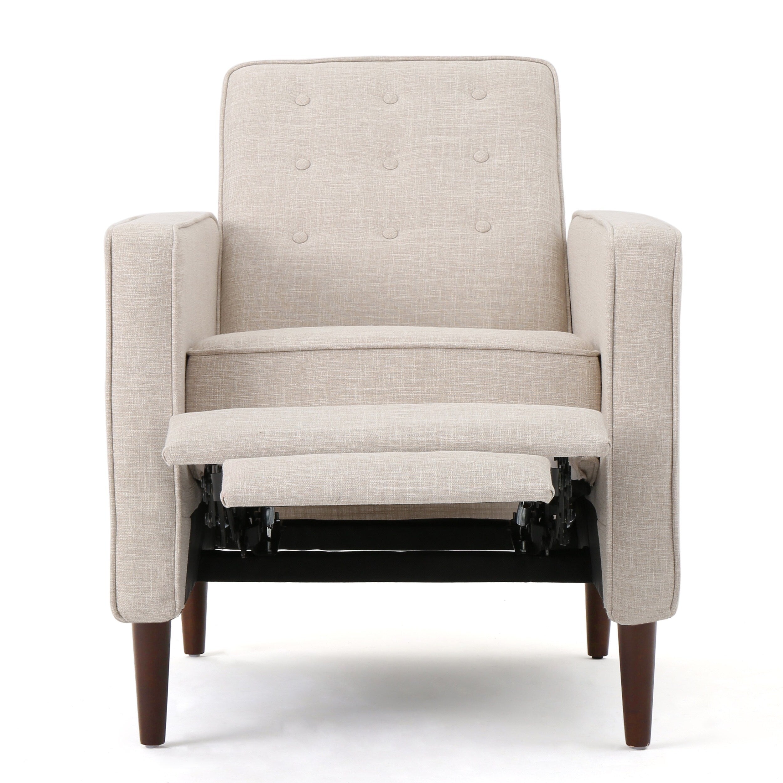 Fauteuil inclinable rembourré en tissu beige de style milieu du siècle avec repose-pieds, dossier capitonné et pieds en hêtre