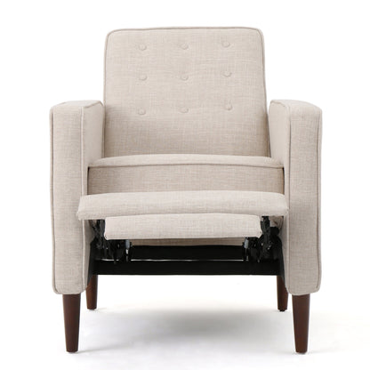 Fauteuil inclinable rembourré en tissu beige de style milieu du siècle avec repose-pieds, dossier capitonné et pieds en hêtre