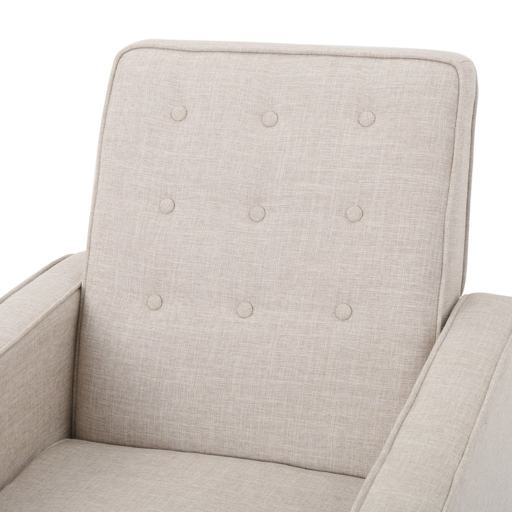 Fauteuil inclinable rembourré en tissu beige de style milieu du siècle avec repose-pieds, dossier capitonné et pieds en hêtre