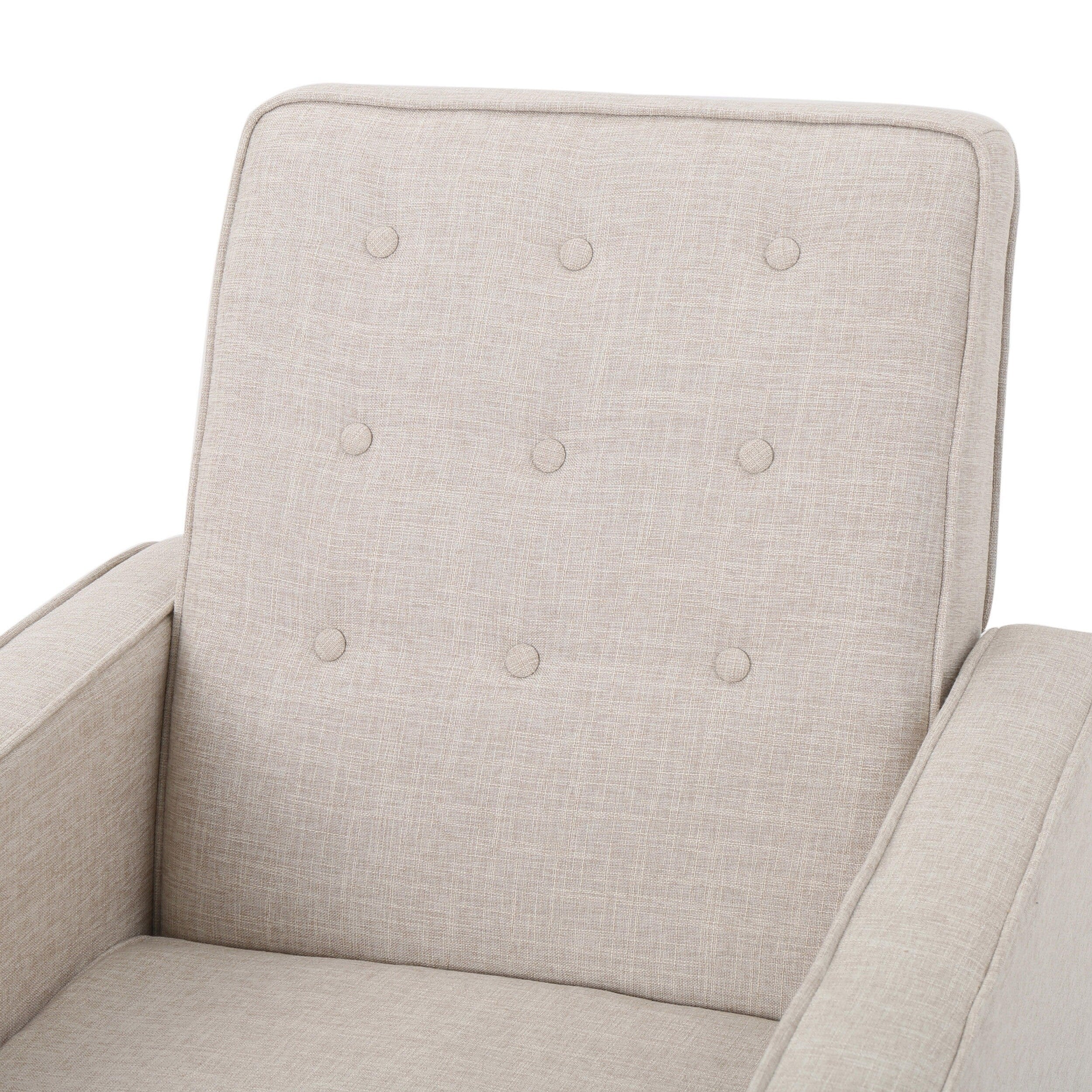 Fauteuil inclinable rembourré en tissu beige de style milieu du siècle avec repose-pieds, dossier capitonné et pieds en hêtre
