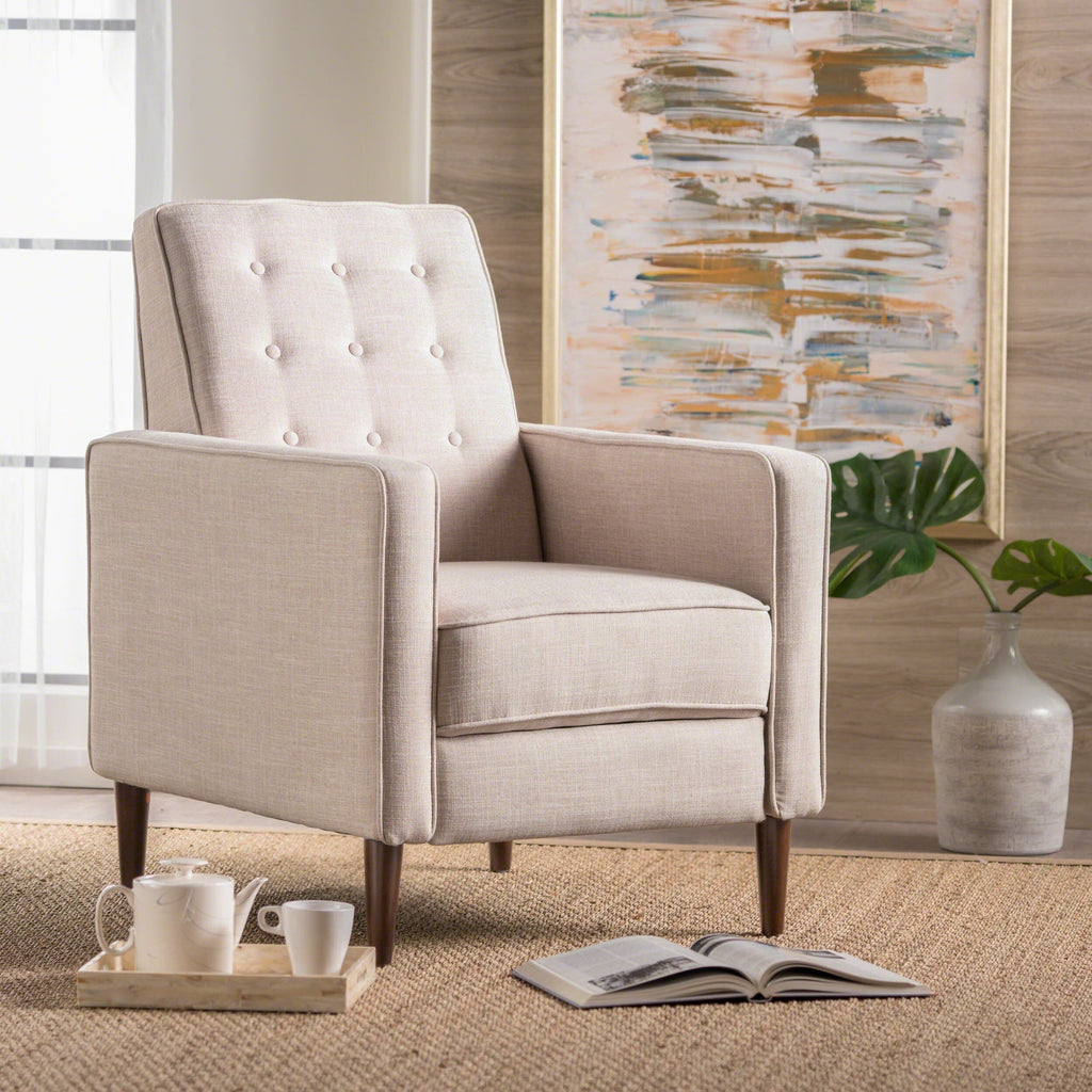 Fauteuil inclinable rembourré en tissu beige de style milieu du siècle avec repose-pieds, dossier capitonné et pieds en hêtre