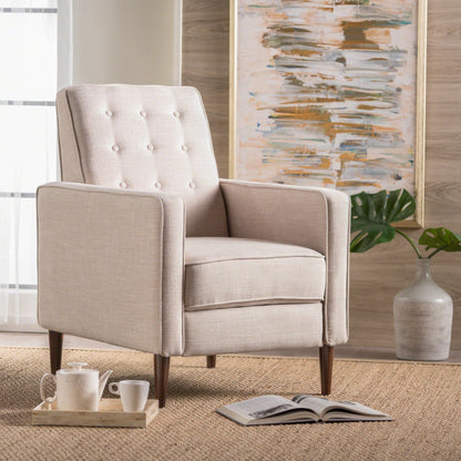 Fauteuil inclinable rembourré en tissu beige de style milieu du siècle avec repose-pieds, dossier capitonné et pieds en hêtre
