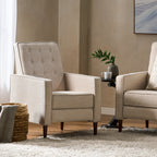 Fauteuil inclinable rembourré en tissu beige de style milieu du siècle avec repose-pieds, dossier capitonné et pieds en hêtre