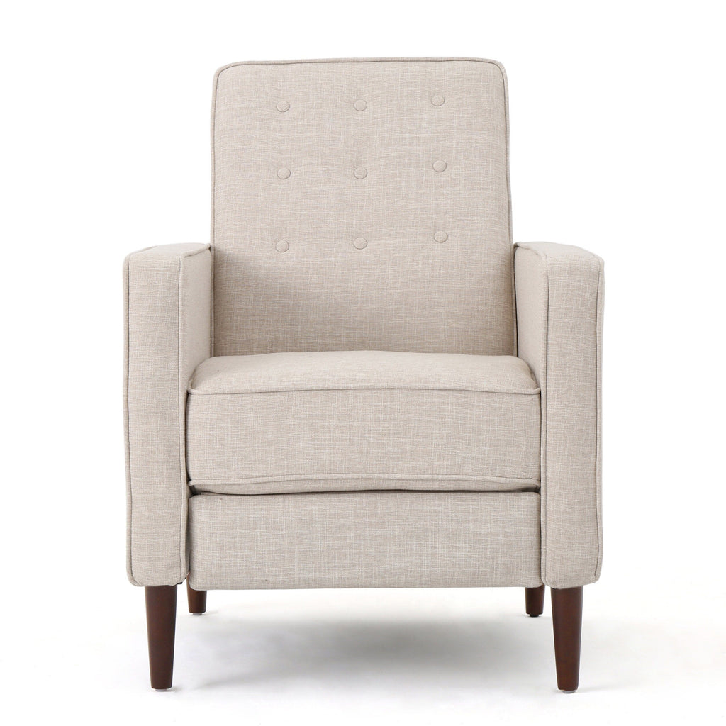 Fauteuil inclinable rembourré en tissu beige de style milieu du siècle avec repose-pieds, dossier capitonné et pieds en hêtre