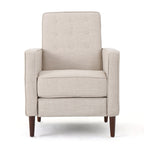 Fauteuil inclinable rembourré en tissu beige de style milieu du siècle avec repose-pieds, dossier capitonné et pieds en hêtre