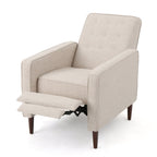 Fauteuil inclinable rembourré en tissu beige de style milieu du siècle avec repose-pieds, dossier capitonné et pieds en hêtre