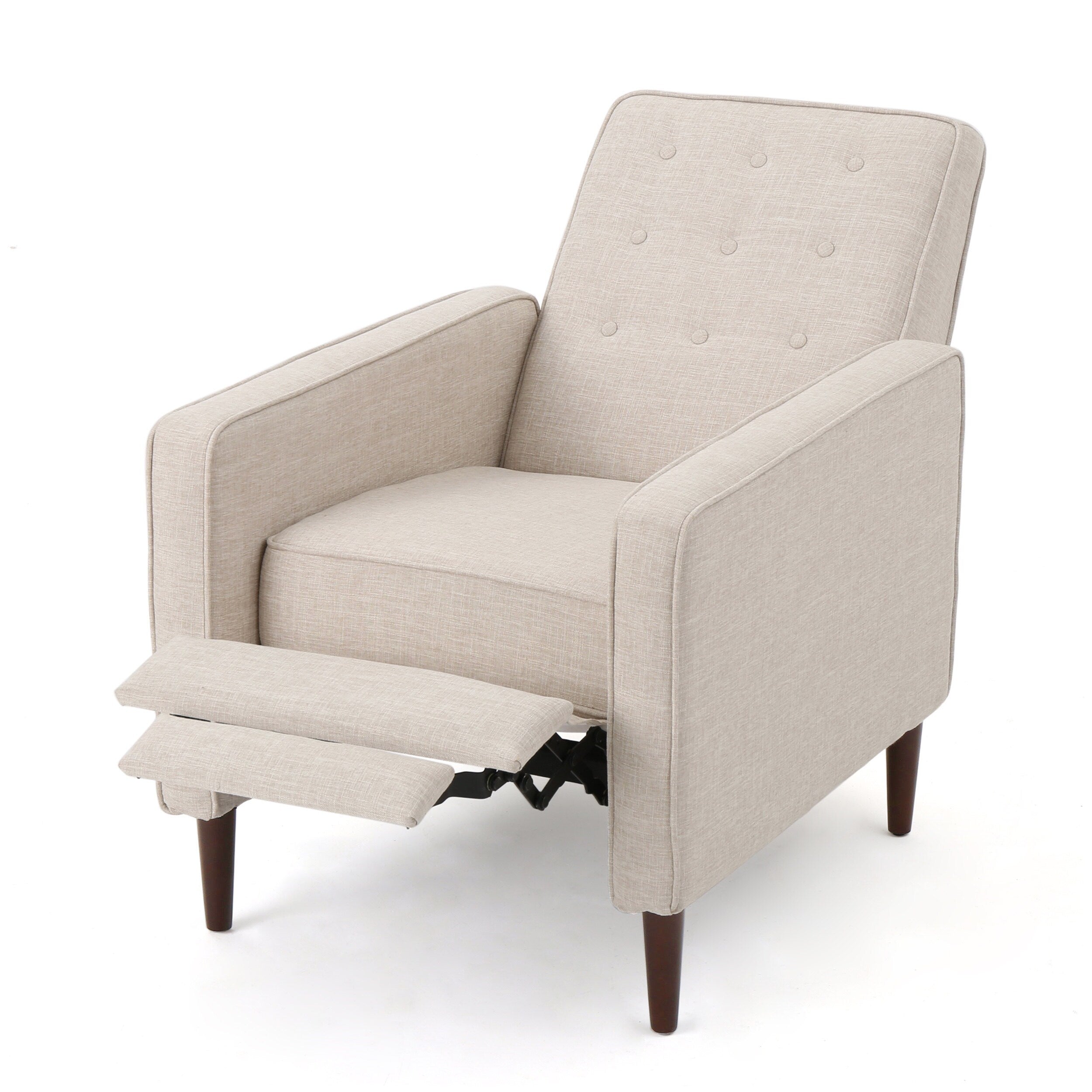 Fauteuil inclinable rembourré en tissu beige de style milieu du siècle avec repose-pieds, dossier capitonné et pieds en hêtre