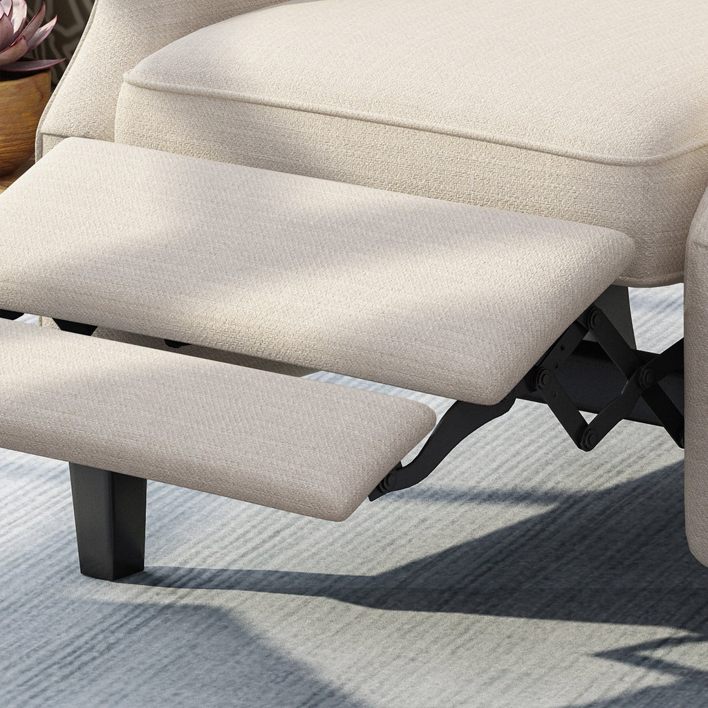 Fauteuil inclinable à oreilles en tissu beige de style milieu du siècle avec repose-pieds et dossier capitonné