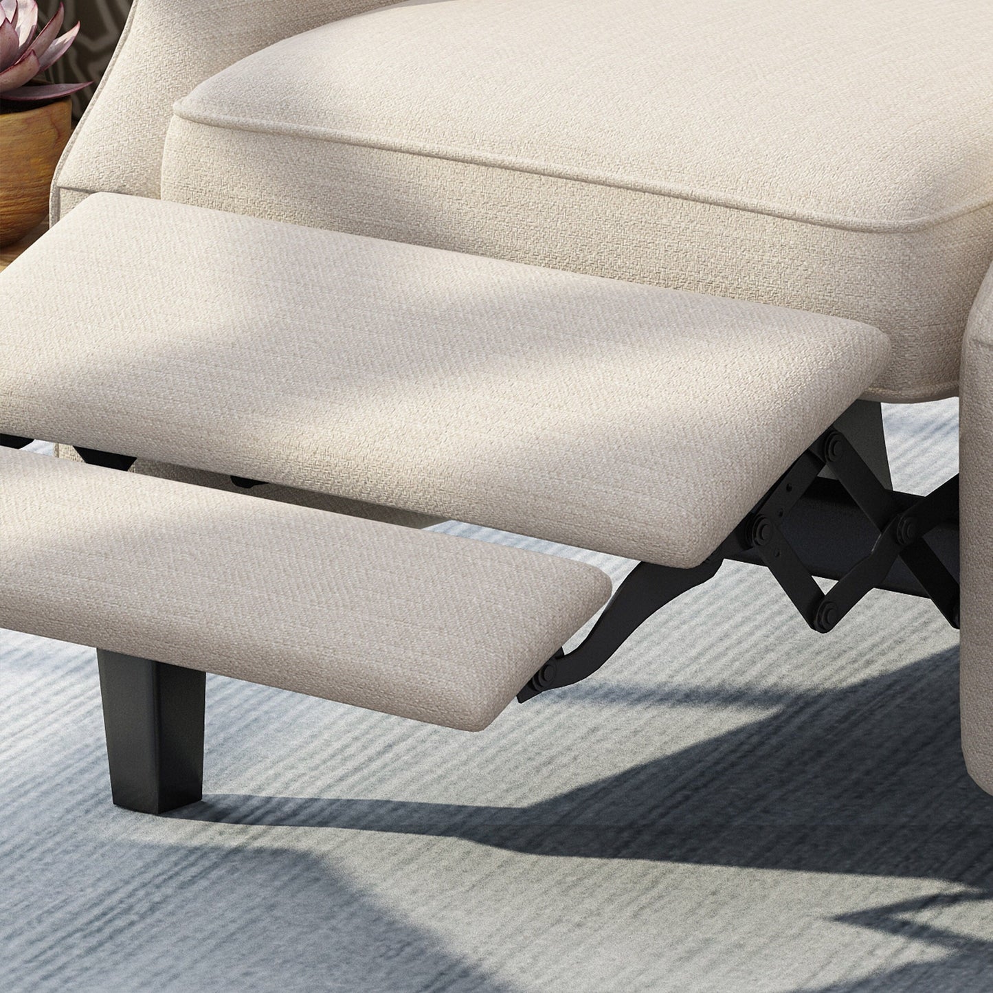 Fauteuil inclinable à oreilles en tissu beige de style milieu du siècle avec repose-pieds et dossier capitonné