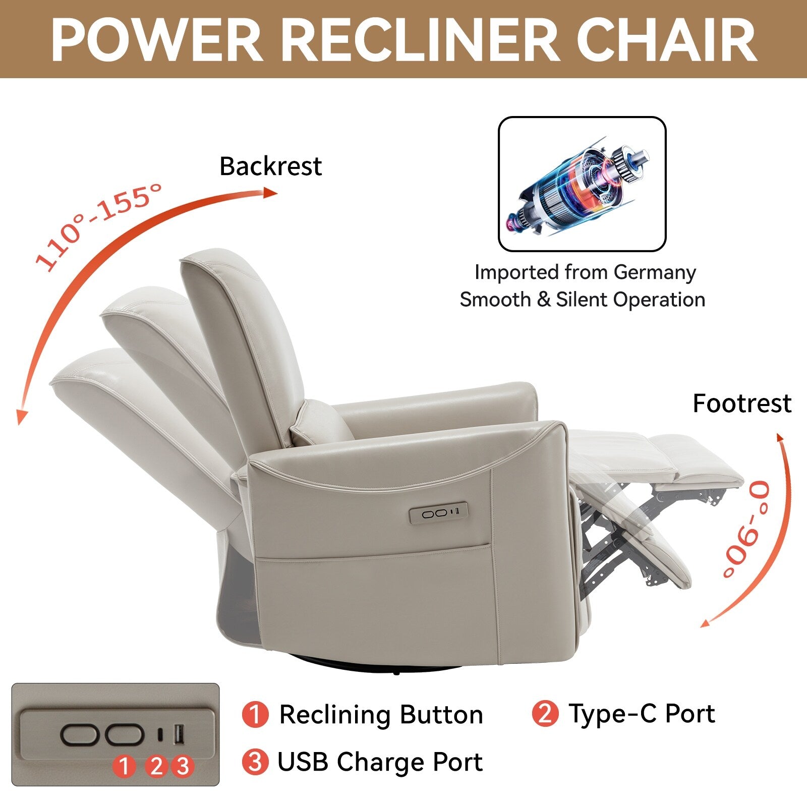 Fauteuil inclinable électrique pivotant à 270° en similicuir beige avec coussins lombaires, 2 poches latérales, ports USB et Type-C