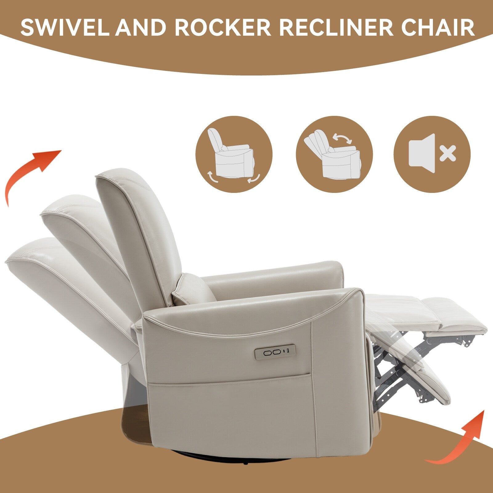 Fauteuil inclinable électrique pivotant à 270° en similicuir beige avec coussins lombaires, 2 poches latérales, ports USB et Type-C